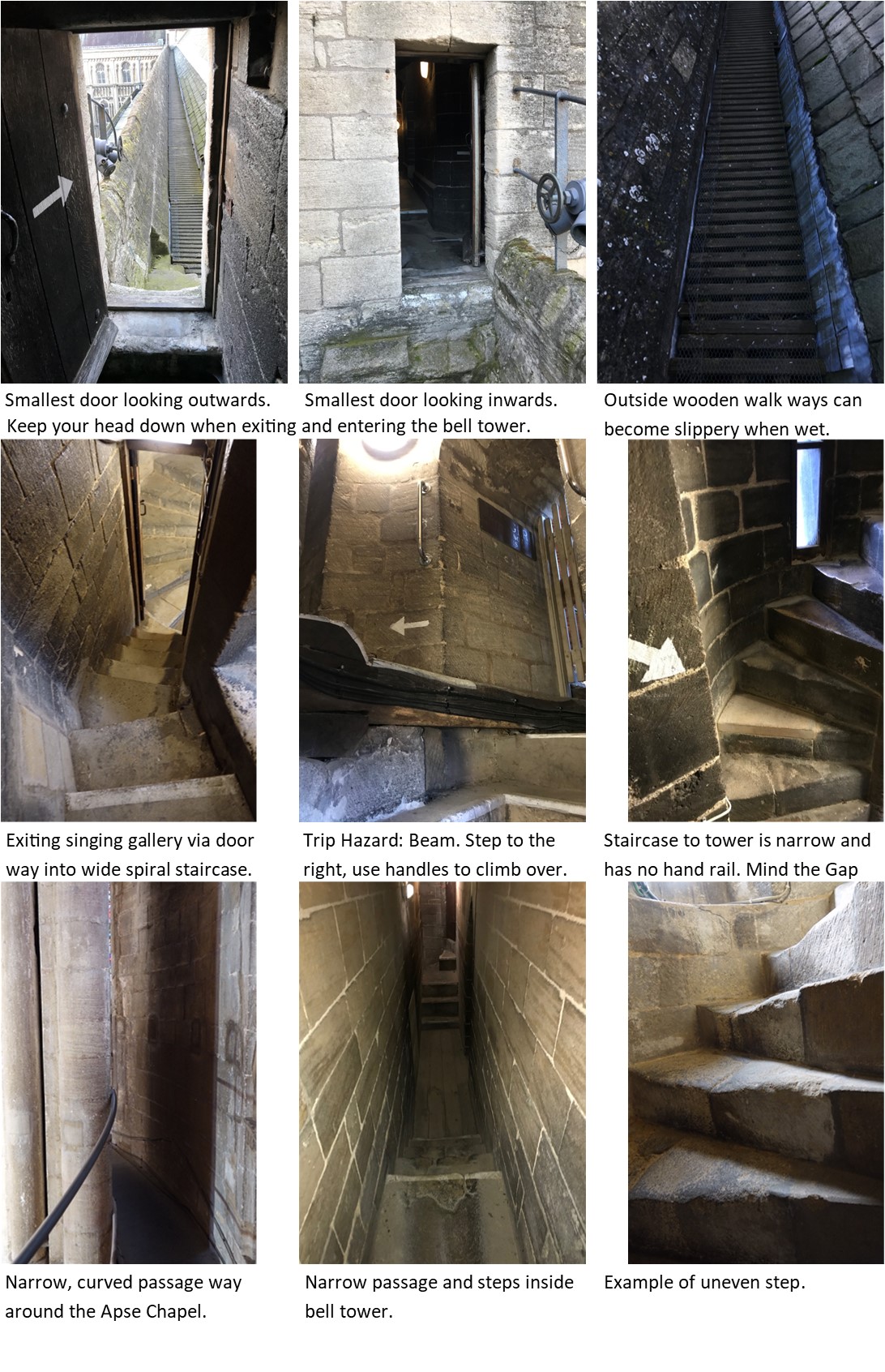 A collection of pictures showing practical details of the Tower Tour